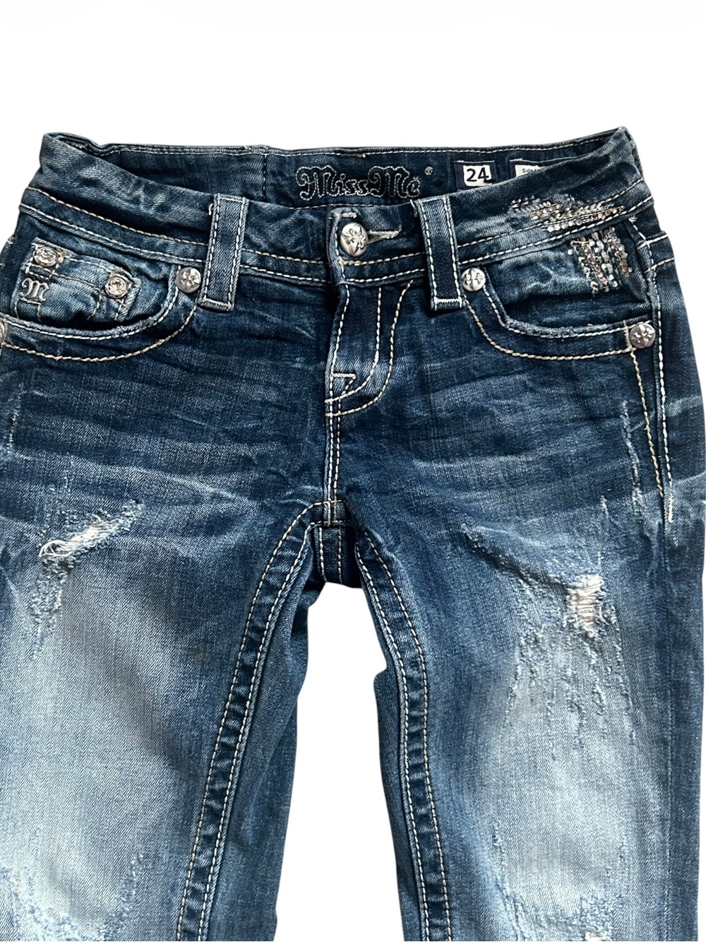 Miss Me Signature Straight Distressed Embellished Dark Blue Wash Denim Jeans - Picture 2 of 11
